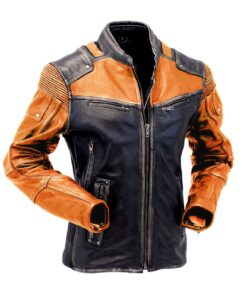 Brando Cafe Racer Combo Leather Jacket Mens Handmade Black & Tan Genuine Cowhide Leather Streetwear Motorcycle Rider Slim Fit Winter Jacket