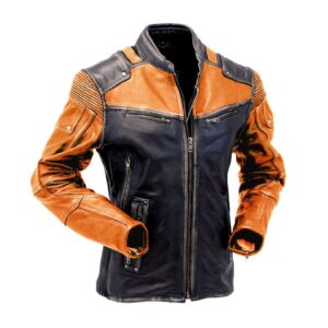 Brando Cafe Racer Combo Leather Jacket Mens Handmade Black & Tan Genuine Cowhide Leather Streetwear Motorcycle Rider Slim Fit Winter Jacket