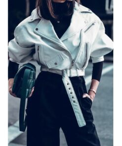 Oversize Cropped Moto Biker White Real Leather Jacket