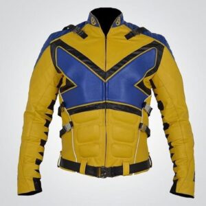 Halloween Leather Jacket Mens Comic Style Handmade Embossed Cosplay Costume Yellow, Faux Leather Biker Metal Buckle Motorcycle Coat