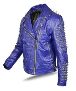 Men's Studded Jacket Full Punk Blue Metal Spiked Leather Studded Jacket Real Cowhide Leather Biker Studded Jacket Studded Leather Jacket Men