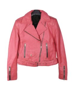 Women’s B G Cropped Pretty Pink Biker Leather Jacket Handmade Embossed Costume Cosplay Faux Leather / Sheepskin Leather Party Coat