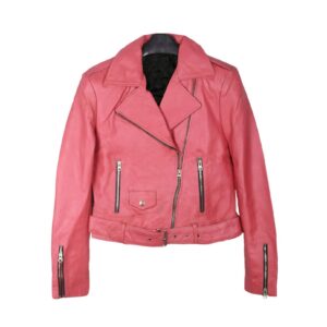 Women’s B G Cropped Pretty Pink Biker Leather Jacket Handmade Embossed Costume Cosplay Faux Leather / Sheepskin Leather Party Coat
