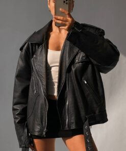 1960s Motorcycle Vintage Style Oversize Biker Leather Jacket Women's Handmade Black Real Sheepskin Leather Winter Streetwear Coat