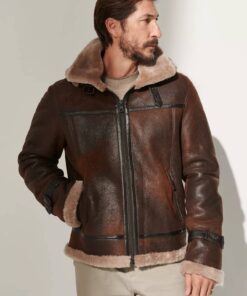 Brown B3 Bomber RAF Aviator Jacket, Mens Real Leather Shearling Sheepskin Aviator Flight Fur Bomber Cockpit Pilot Custom Jackets Handmade
