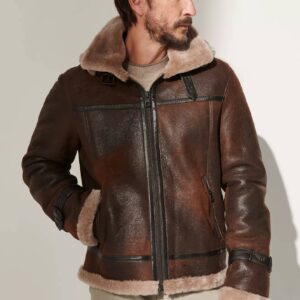 Brown B3 Bomber RAF Aviator Jacket, Mens Real Leather Shearling Sheepskin Aviator Flight Fur Bomber Cockpit Pilot Custom Jackets Handmade