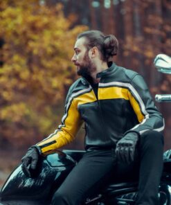 Rev up your style with our Black Motorcycle Leather Jacket featuring Bold Yellow and White Stripes