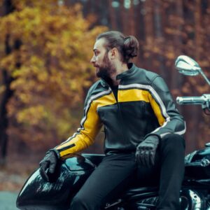 Rev up your style with our Black Motorcycle Leather Jacket featuring Bold Yellow and White Stripes
