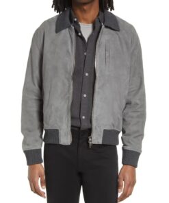 Sophisticated Men’s Gray Suede Jacket with Ribbed Accents, Sleek Finish, and Versatile Design