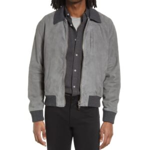 Sophisticated Men’s Gray Suede Jacket with Ribbed Accents, Sleek Finish, and Versatile Design