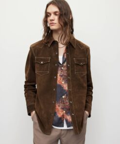 Exquisite Brown Suede Jacket with Elegant and Artful White Contrast Stitching