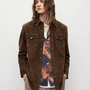 Exquisite Brown Suede Jacket with Elegant and Artful White Contrast Stitching