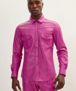 High-Quality Lambskin Leather Pink Shirt/Pant with Functional Flap Chest Pockets and Snap Fasteners