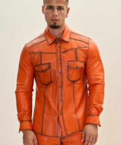High-Quality Lambskin Orange Leather Shirt/Pant with Functional Flap Chest Pockets and unique stitching sprey