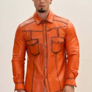 High-Quality Lambskin Orange Leather Shirt/Pant with Functional Flap Chest Pockets and unique stitching sprey