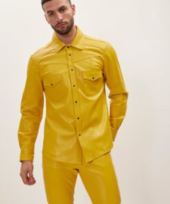 High-Quality Lambskin Leather Yellow Shirt/Pant with Functional Flap Chest Pockets and Snap Fasteners