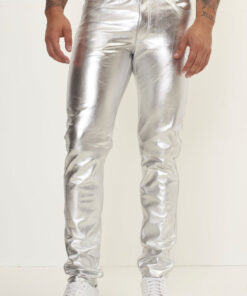 Elegant and Versatile Slim-Cut Grey Leather Pants for Effortless Transition from Casual to Formal