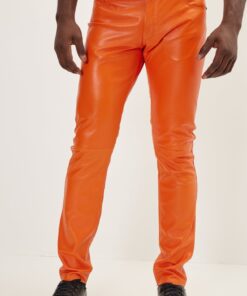 Elegant and Versatile Slim-Cut Orange Leather Pants for Effortless Transition from Casual to Formal
