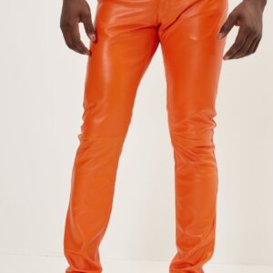 Elegant and Versatile Slim-Cut Orange Leather Pants for Effortless Transition from Casual to Formal
