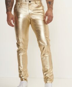 Elegant and Versatile Slim-Cut Metallic Golden Leather Pants for Effortless Transition from Casual to Formal