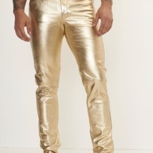 Elegant and Versatile Slim-Cut Metallic Golden Leather Pants for Effortless Transition from Casual to Formal