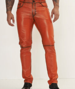 Elegant and Versatile Slim-Cut Orange Tint Leather Pants for Effortless Transition from Casual to Formal