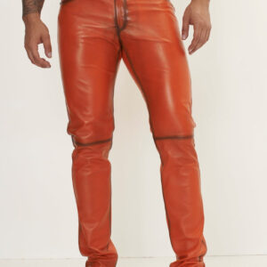 Elegant and Versatile Slim-Cut Orange Tint Leather Pants for Effortless Transition from Casual to Formal