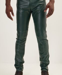 Elegant and Versatile Slim-Cut Olive Green Leather Pants for Effortless Transition from Casual to Formal