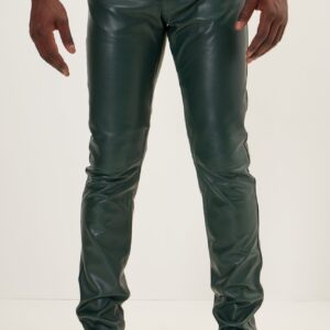 Elegant and Versatile Slim-Cut Olive Green Leather Pants for Effortless Transition from Casual to Formal