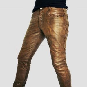 Men's Pearl distressed Brown Genuine Leather Pants