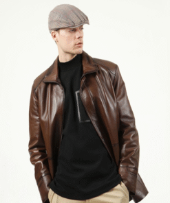 Luxurious Brown Leather Long Coat with Intricate Leather Piping, Timeless Elegance, and Exquisite Craftsmanship