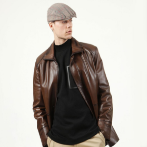 Luxurious Brown Leather Long Coat with Intricate Leather Piping, Timeless Elegance, and Exquisite Craftsmanship