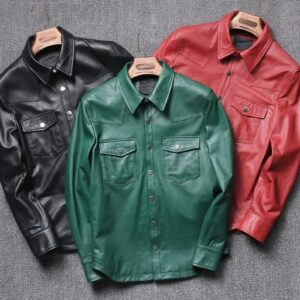 Handmade Men's Fashion Trucker Olive Western Leather Shirt for Mountain Biker Motorcycle