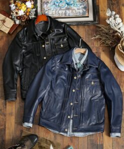 Men's Leather trucker jacket Lambskin Lederhemd Leder Schwarz Biker Moto Shirt