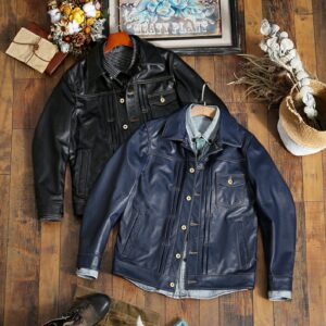 Men's Leather trucker jacket Lambskin Lederhemd Leder Schwarz Biker Moto Shirt
