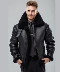 Mens Black RAF B3 Bomber Flight Aviator Genuine Sheepskin Shearling Leather Fur Jacket