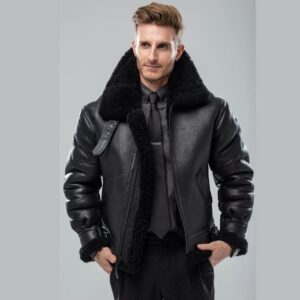 Mens Black RAF B3 Bomber Flight Aviator Genuine Sheepskin Shearling Leather Fur Jacket
