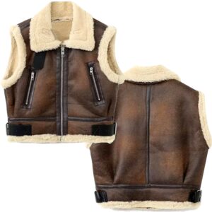 Chic Women’s Sleeveless Crop Aviator Leather Jacket - Cozy Soft Fur, B3 RAF Classic