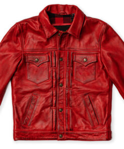 Men’s Blood Red Waxed Leather Cafe Racer Jacket with Flannel Lining - Full Fashion Biker Style