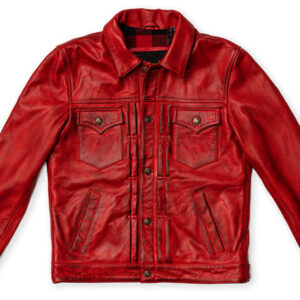 Men’s Blood Red Waxed Leather Cafe Racer Jacket with Flannel Lining - Full Fashion Biker Style