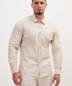 High-Quality Lambskin Leather Cream Tan Shirt/Pant with Functional Flap Chest Pockets and Snap Fasteners