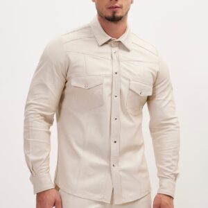 High-Quality Lambskin Leather Cream Tan Shirt/Pant with Functional Flap Chest Pockets and Snap Fasteners