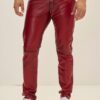 Elegant and Versatile Slim-Cut Red Tint Leather Pants for Effortless Transition from Casual to Formal