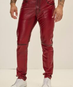 Elegant and Versatile Slim-Cut Red Tint Leather Pants for Effortless Transition from Casual to Formal