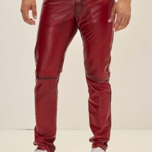 Elegant and Versatile Slim-Cut Red Tint Leather Pants for Effortless Transition from Casual to Formal