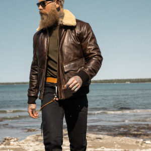 Rugged Timeless Buffalo Leather Bomber A2 Jacket with Fur Collar and Flannel Check Lining”