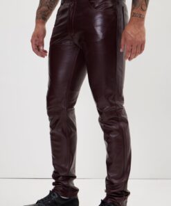Elegant and Versatile Slim-Cut Wine Burgundy Leather Pants for Effortless Transition from Casual to Formal