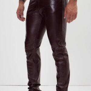 Elegant and Versatile Slim-Cut Wine Burgundy Leather Pants for Effortless Transition from Casual to Formal