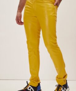 Elegant and Versatile Slim-Cut Yellow Leather Pants for Effortless Transition from Casual to Formal