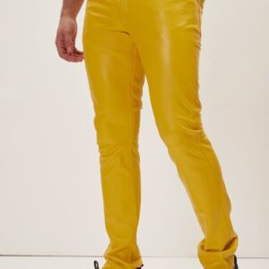 Elegant and Versatile Slim-Cut Yellow Leather Pants for Effortless Transition from Casual to Formal
